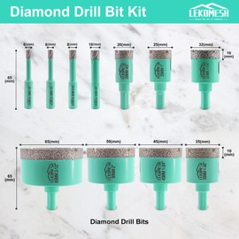 LEKOMESH Diamond Core Drill Bits Set 11pcs Tile Hole Saw Kit Triangle Shank(6/6/8/10/20/25/32/35/45/50/65mm)