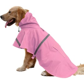 Mikayoo Large Dog Raincoat Ajustable Pet Waterproof Clothes Lightweight Rain Jacket Poncho Hoodies with Strip Reflective(Pink,L)