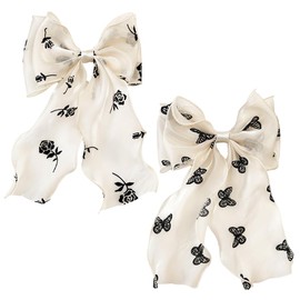 EIH 2 Pieces Hair Bow Clips, Hair Bows Girls, with Butterfly and Rose Print, Hair Bows Girls, Long Tail French Ribbon Hairpins, for Girls Women