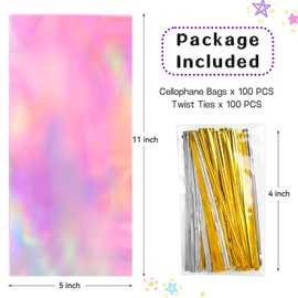 Ohuimrt 100 PCS Iridescent Cellophane Treat Bags, 5 x 11 Inches Holographic Goodie Bags with Twist Ties Plastic Party Favor Bags for Small Gifts, Candies, Cookies, Snacks
