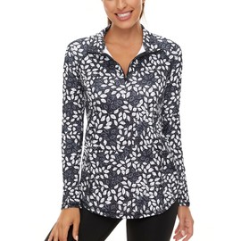 LURANEE Womens Workout Tops,UPF 50+ Long Sleeve 1/4 Zip Pullover Athletic Hiking Running Workout Tops White Leaf Black 2XL