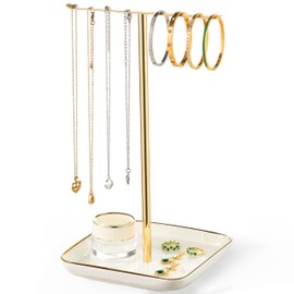 pickpiff Necklace Holder Stand with Ceramic Base: 12" Jewelry Tree Display Organizer for Necklaces, Bracelets, Rings, Earrings, Tall Gold Stand for Women, Aesthetic Room Décor