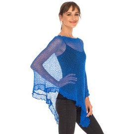 SHU-SHI Womens Sheer Poncho Shrug Lightweight Knit Ruffle Sweater Top Blue