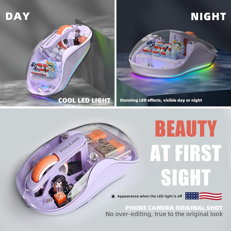 FMOUSE Transparent Wireless Mouse, 2 Cute 2026 Figurines, Tri-Mode, Purple