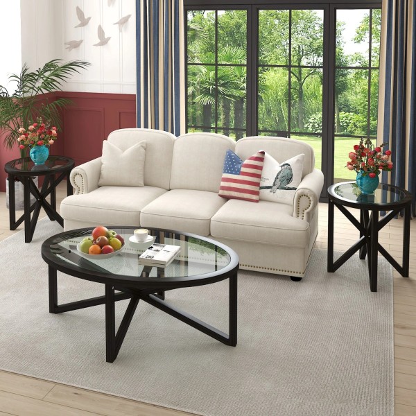 Not Available Tempered Glass Coffee Table Solid Wood Base Round