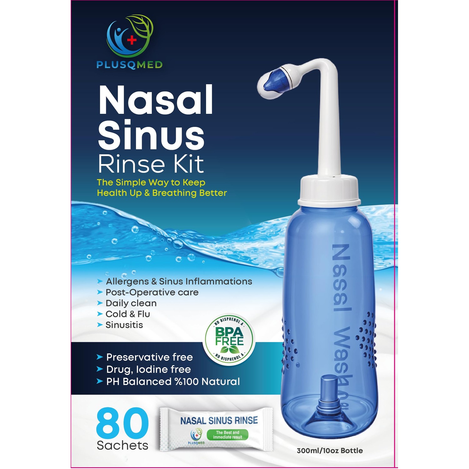 80 Packets Nasal Wash Salt,Neti Pot 300 ml, Sinus Rinse Kit, Nasal Wash ...