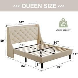 Feonase Queen Bed Frame with Luxury Wingback and Fast Charging Station,Queen Upholstered Button Tufted Storage Headboard Platform Bed,Sturdy Wooden Slats Support,Noise-Free,Easy Assembly, Beige