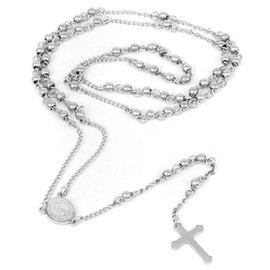 SM Stainless Steel Gold Silver Rosary 3mm-8mm CCB Beads Cross Y Necklace 20”-30” Chain for Women Men (4mm 26" - Silver)