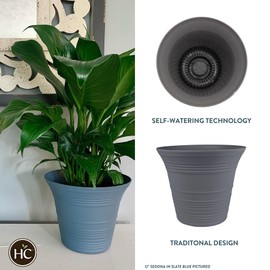 The HC Companies 14 Inch Sedona Round Self Watering Planter - Decorative Lightweight Plastic Plant Pot for Indoor Outdoor Plants Flowers Herbs, Warm Gray