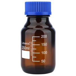 Labasics Reagent Media Storage Bottles, 1 Pack Amber Glass Graduated Round Bottles for Lab Reagent Media Storage Bottles with Blue Screw Cap, 250 ml