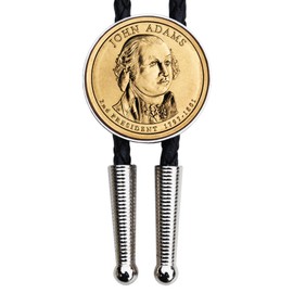 2007 Presidential Dollar BU Coin Simple Slide 36" black Leatherette Cord Silver Bolo Tie NEW - John Adams (1797~1801 Years Served)