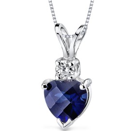 PEORA Solid 14K White Gold Created Blue Sapphire with Genuine Diamond Pendant for Women, Heart Shape Solitaire, 6mm, 1.20 Carats total, Sparkling Blue Sapphire Jewelry, w/Jewelry Box, Jewelry Gift