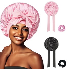 WORUIB 2Pcs Satin Bonnet for Sleeping, Hair Bonnet for Sleeping, Silk Bonnet for Sleeping, Adjustable Silk Hair Bonnet for Women and Hair Band for Curly Hair Braid Women (Black & Pink)