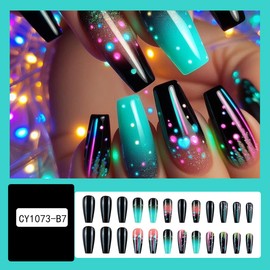 24Pcs Black Press on Nails Medium Square - Multicolor Gradient Fake Nails Nude Coffin False Nails with Star Dots Design Cute Glue on Nails Full Cover Glossy Acrylic Nails for Women Manicure