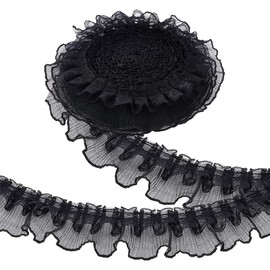 PH PandaHall 10 Yards Black Ruffle Lace Ribbon Trim Pleated Lace Fabric Trim Ruffle Trim 6 cm Wide Double Layer Ruffled for Crafts Sewing Embellishments
