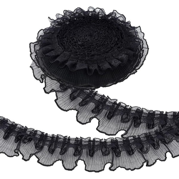 PH PandaHall 10 Yards Black Ruffle Lace Ribbon Trim Pleated