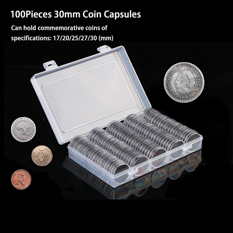 100 Pcs 30mm Coin Capsules with 5 Sizes EVA Foam