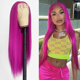QMSSR Hot Pink Lace Front Wigs Silky Straight Glueless Hair Rose Red Synthetic Lace Front Wigs for Fashion Women Pre Plucked Hairline