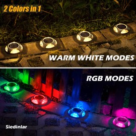 SIEDiNLAR Solar Deck Lights Outdoor LED Dock Driveway Markers Light Marine Waterproof Wireless 2 Colors in 1 for Step Walkway Pathway Stair Sidewalk Yard 4 Pack (Warm White/RGB Color Changing)