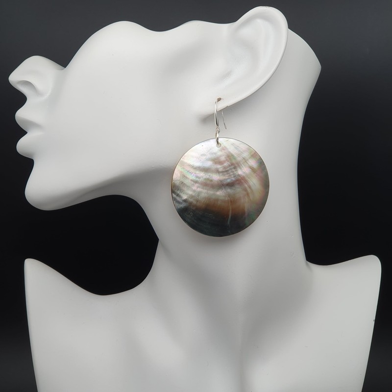 THEPRETTYBITS Dark Abalone Shell Earrings, Large Round Disc, Long Dangle