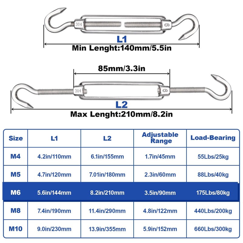 TooTaci 10PCS M6 Turnbuckle 304 Stainless Steel Turnbuckle Hook and