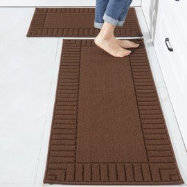 BEQHAUSE-Kitchen-Rugs-Non-Slip-Kitchen-Mat-Set-of-2 Absorbent Kitchen Mats for Floor,Washable Kitchen Runner Rug with TPR Non Skid Backing,Brown 20x30inch/20x48inch