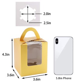 Gold Cupcake Boxes, Eusoar 50pcs 3.6"x 3.6"x 4.3" Single Disposable Paper Cupcake Gift Boxes, Cupcake to go Boxes with Window Handle, for Wedding Birthday Party Candy Favor Treats Boxes
