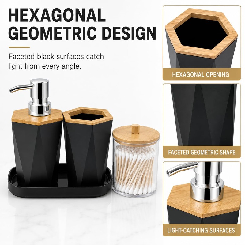 LGURT 4pc Hexagonal Black Bathroom Set, Soap Dispenser with Bamboo