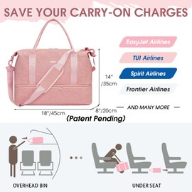 WANDF Cabin Bag 45x36x20 for Easyjet Airlines Underseat Travel Bag with with USB Charging Port, Wet Pocket & Shoes Compartment Carry on Hand Luggage Weekend Bag for Women and Men (Pink 32L)