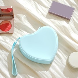 JOVAKIT Small Heart Shaped Portable Silicone Makeup Bag for Women, Travel Waterproof Cosmetic Bag Gifts for Women Girls, Zipper Closure Makeup Case with Handle (Blue)
