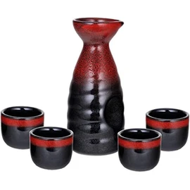 Happy Sales 5 piece Ceramic Sake Set - Red & Black