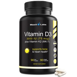 MaxX Labs Vitamin D3 K2 3000 IU - with Vitamin K as MK-7 from Natto - High Potency Vitamin D Supplement Support Healthy Bones, Teeth, Heart & Immune Function - Vitamin D3 K2 Supplement Gluten-Free - 90 Capsules
