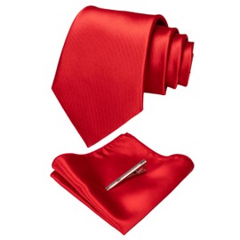 JEMYGINS Red Tie Silk Necktie and Pocket Square With Tie Clip Sets for Men (4), general, Red
