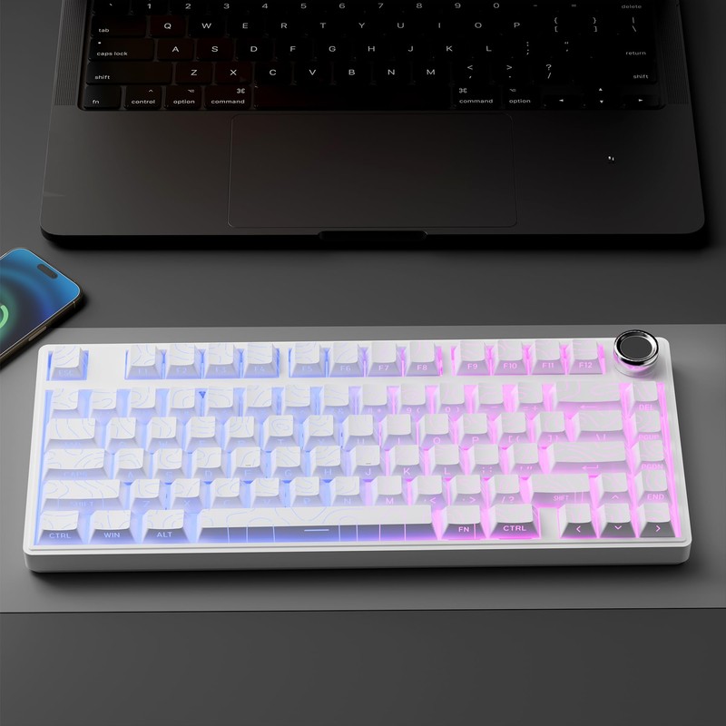 White Topographic PBT Keycaps,97 Key Caps Set Side Printed,No Tear
