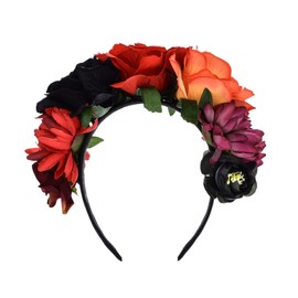 June Bloomy Day of the Dead Headpiece Frida Costume Mexican Floral Crown Rose Headband (Black Red Orange)