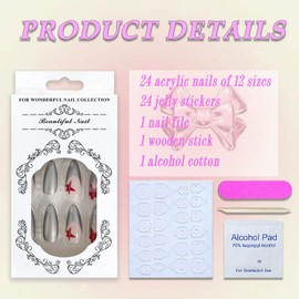 MABKJLF Press on Nails Medium Almond Sliver French Tip Fake Nails Full Cover False Nails with Red Stars Designs Y2K Press on Nails Glossy Glue on Nails Artificial Acrylic Nails for Women Girls 24 pcs