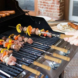 Amestar 12 Pack Kabob Skewers BBQ Barbecue Skewers Stainless Steel Sticks 23.5 Inch Heavy Duty Large Wide Reusable with Nonslip Wooden Handle Ideal for Shish Kebab Chicken Shrimp and Vegetables
