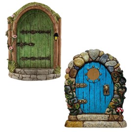 HDGSAFD 2 Pieces Wooden Fairy Door, Garden Fairy House, Fairy Door for Garden, Fairy Mini Door, Miniature Fairy Door, Gnome Door (Blue, Green)