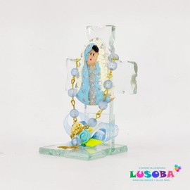 Cruz de cristal azul con Virgen – Pack 12 pcs Lusoba – Recuerdo religioso