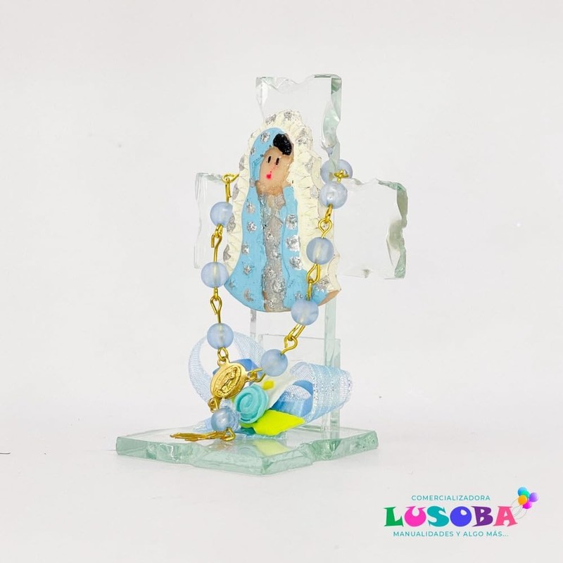 Cruz de cristal azul con Virgen – Pack 12 pcs