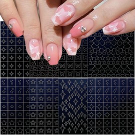 MOLILON 8 Sheets Airbrush Stencils Nail Art Stickers, Butterfly, Heart, Bow Flame, Four Pointed Star French Hollow Nail Template for Nail Art, Self-Adhesive Design for Women DIY Manicure Supplies