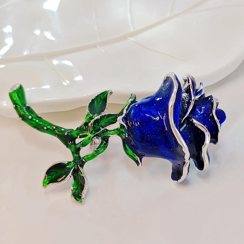 DREAMLANDSALES Vintage Royal Blue Enamel Rose Brooch Pin Winter Holiday