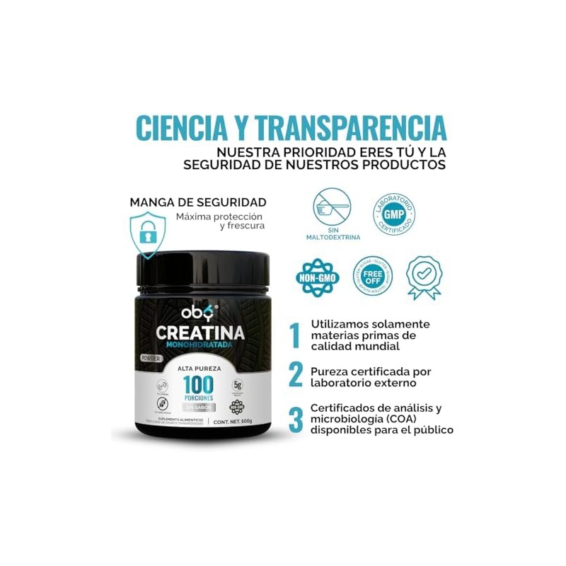 Oby Creatina Monohidratada Micronizada en Polvo 100 Alta Pureza Certificada