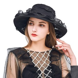 Women Organza Church Fascinator British Tea Party Bridal Wedding Derby Hat Elegant Dress Hat Bowler Flower Wide Brim Sun Hat Black