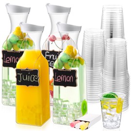 Chengu 61 Pcs Mimosa Bar Supplies 4 Pack 50 oz Plastic Water Carafe with Lid and Cups Label, Clear Plastic Pitcher with Lid Tags Drink Container for Fridge Cold Water Juice Milk Iced Tea Lemonade