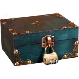 ACTIUSIS Vintage Wooden Treasure Chest, Treasure Chest with Combination Lock, Green Wood Storage Treasure Chest, Vintage Wood Look, Wooden Chest, Pirate Box, for Storage and Decorating Gifts