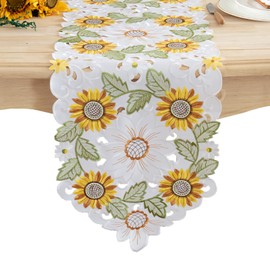 Joyfol Day Sunflower Table Runner, Cutwork Embroidered Floral Table Runners, Flower Dresser Scarf for Spring/Summer Holiday Home Kitchen Dining Tabletop Decoration (14 X 59 inch)