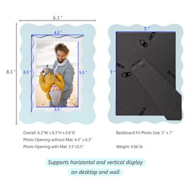 5x7 Cute Picture Frame, Wavy Curved Photo Frame with 4x6 Mat and Real Glass, Unique Funky Frame for Table and Wall Display, Home Office Desk Decoration Art, Baby Boy Gift (5x7, Light Blue)