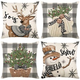 VITEVER Christmas Snowman Reindeer Gloves Eucalyptus Throw Cushion Covers, 18 x 18 Inches Winter Holiday Stripes Cushion Case Decoration for Sofa Couch Set of 4