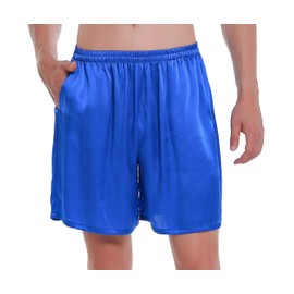 LEPTON Pantalones cortos de seda de morera de 19 mm para hombre, calzoncillos de seda, ropa de dormir relajada, bolsillos frontales, cintura elástica, Azul Royal, Large